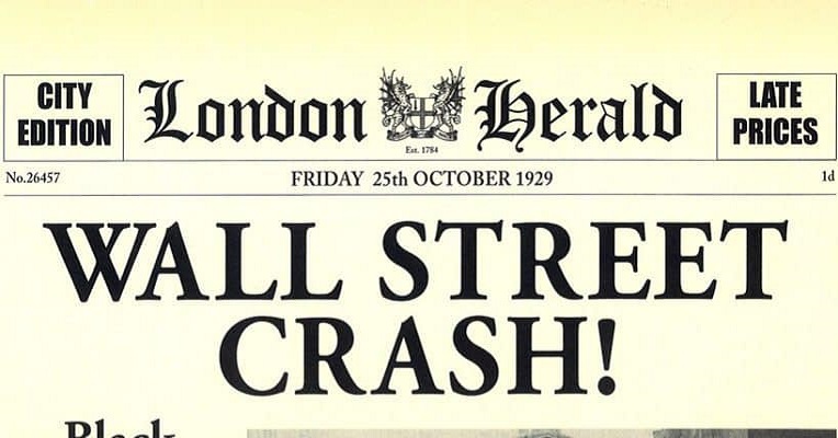 La prima pagina del London Herald che titola: Wall Street Crash del 25 ottobre 1929