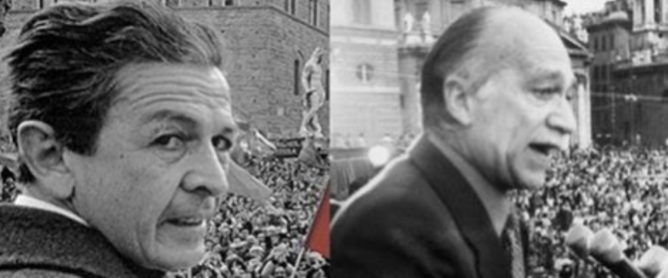 In foto un primo piano di Berlinguer e Almirante